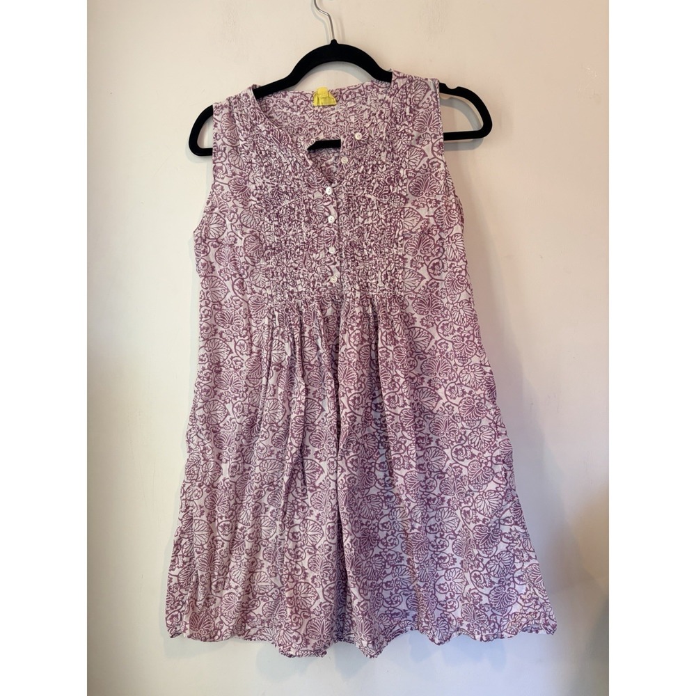 Roberta Roller Rabbit Purple Block Print Cotton‎ Dress Size S Smocked Boho India